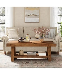 Tribesigns 2-Tier Solid Wood Coffee Table, 47-Inch Rectangular Wood Coffee Table, Farmhouse Center Table with Storage