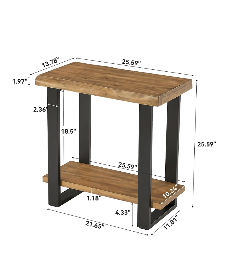 Tribesigns Solid Wood Side Table, Industrial Pine Wood Nightstand with Iron Frame, 2-Tier Storage Shelf