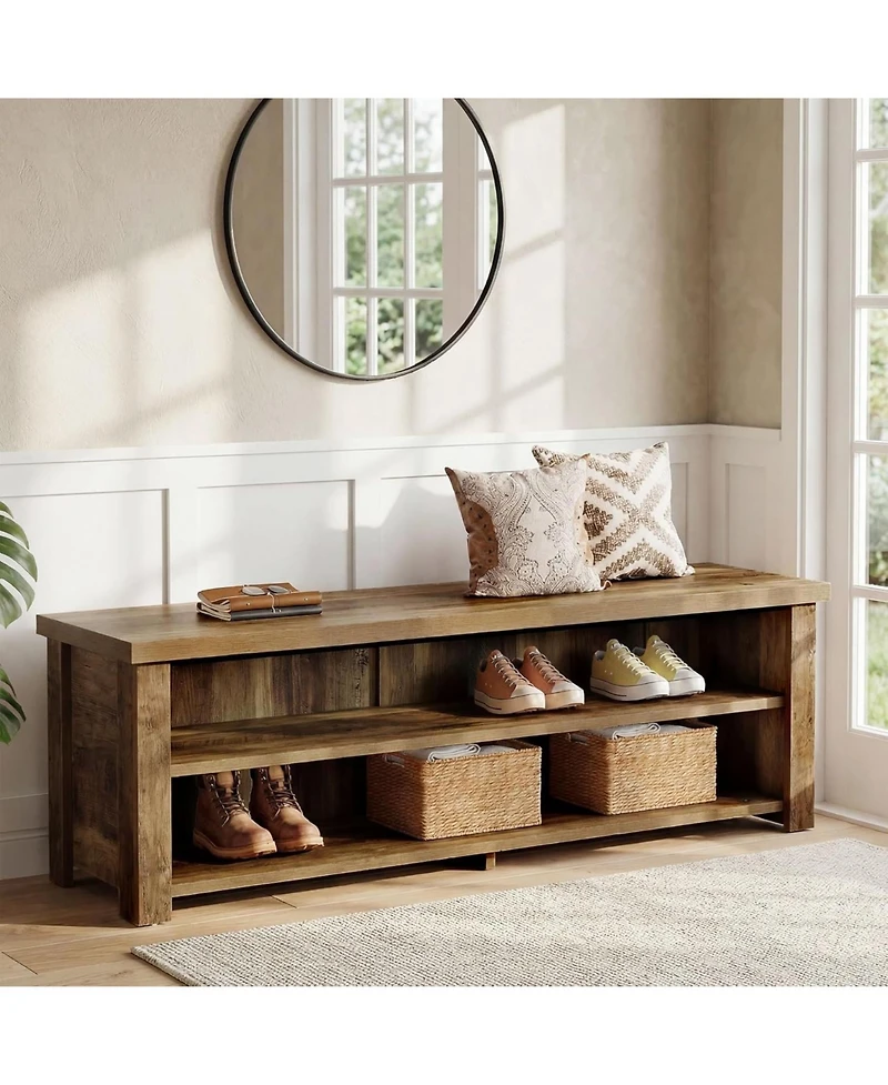 Tribesigns 55.12" Entryway Bench with Storage, Farmhouse Shoe Storage Bench with 2-Tier Shelves, Shoe Rack