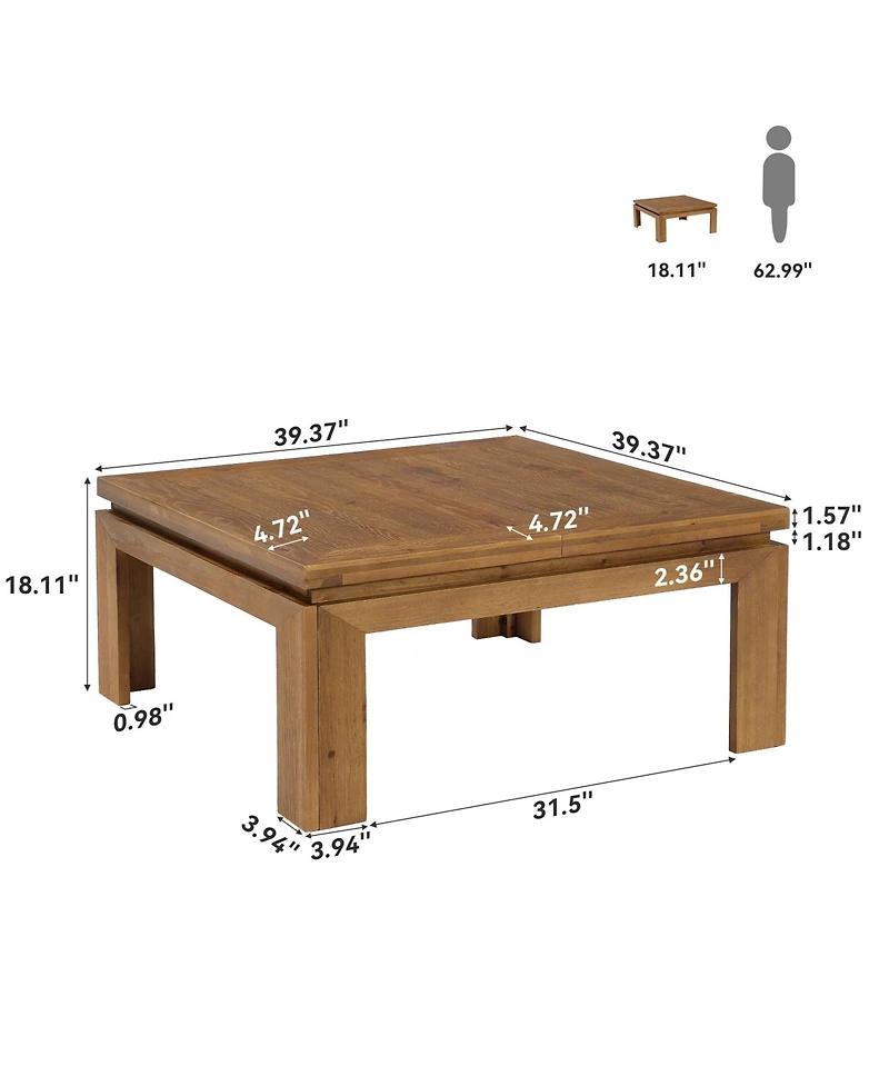 Tribesigns Solid Wood Square Coffee Table, 39.4" x 39.4" Farmhouse Cocktail Center Table with Recessed Edge Design, Easy Assembly