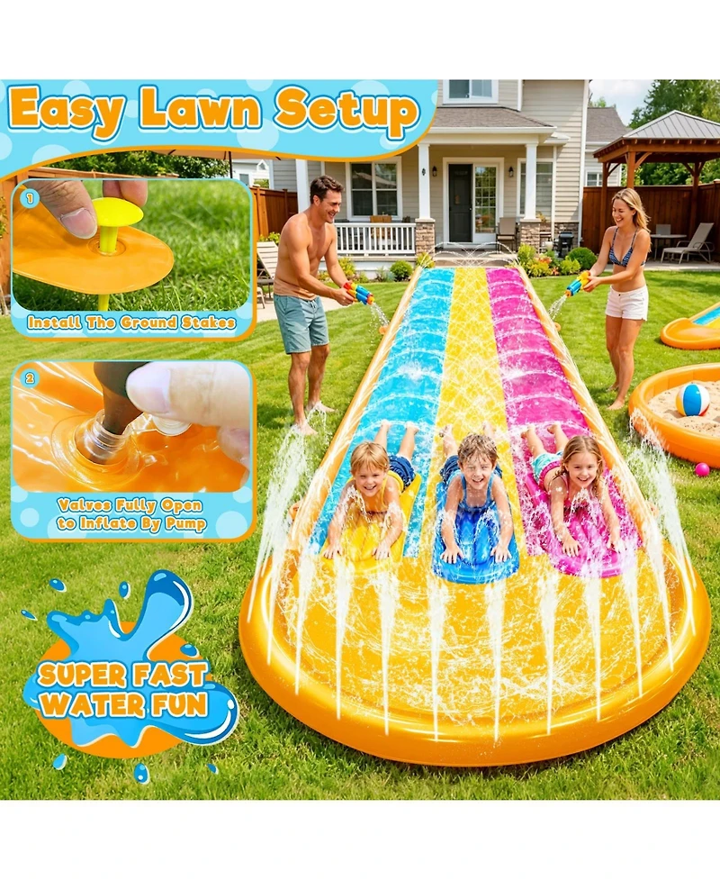 Aofar 3 Sided Safe Fence Triple Slip Water Slide 3-way Sprinklers Bodyboards Summer Outdoor