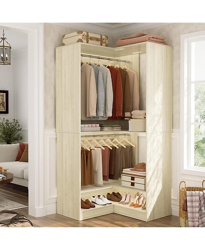 Corner Closet System with Upper & Lower Hanging Areas, Wardrobe Organizer Shoe Shelf