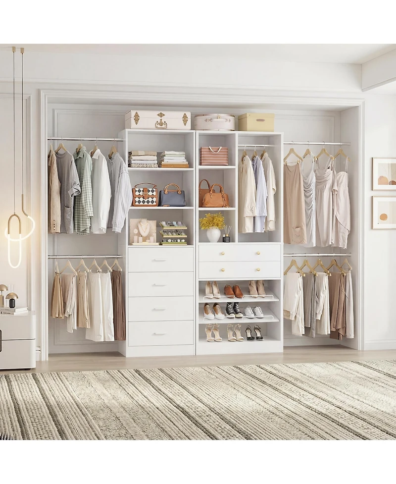 Aheaplus Wooden Closet System Set with 6 Drawers and 5 Hanging Rods and 6 Shelves