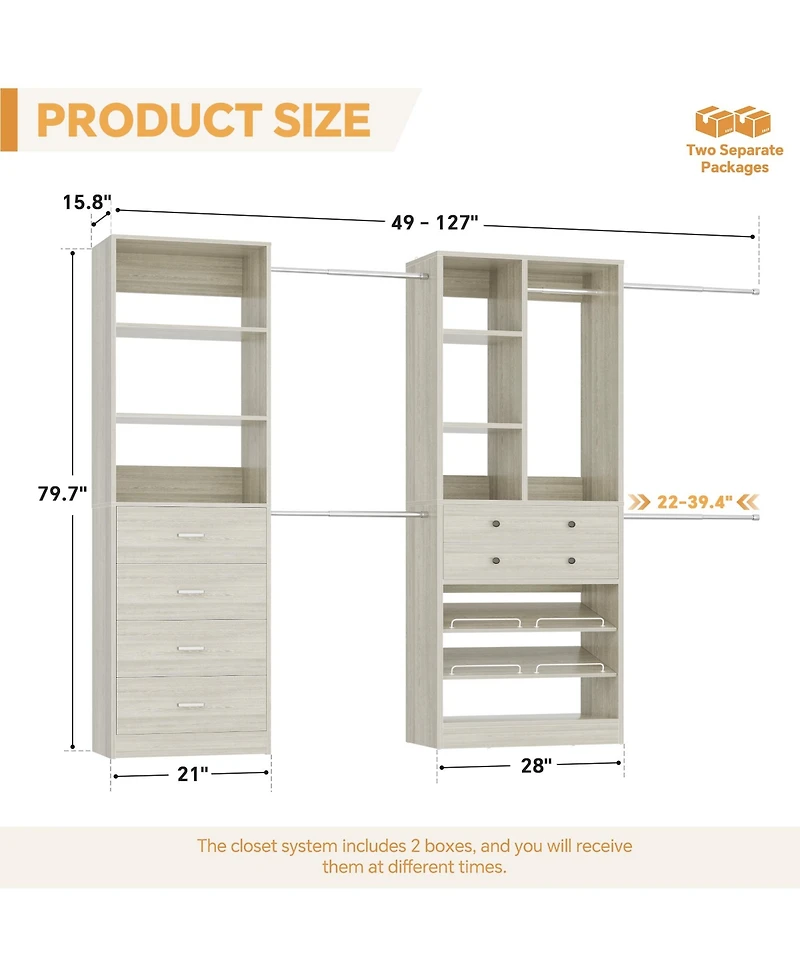 Aheaplus Wooden Closet System Set with 6 Drawers and 5 Hanging Rods Shelves