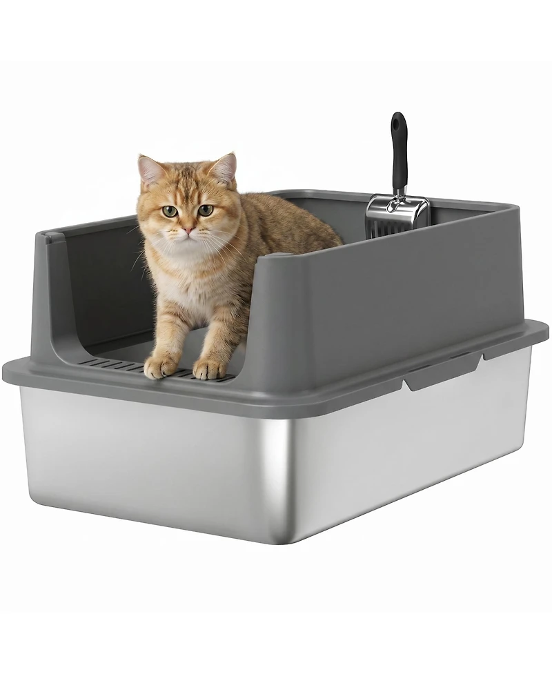 PawHut Xl Stainless Steel Cat Litter Box High Sided Include Scoop Pad