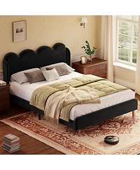 homfan Upholstered Wingback Platform Bed with Scalloped Edges and Velvet Tufted Headboard, Easy Setup