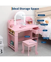 homfan Led Lighted Kids Vanity Table with Mirror, Stool, Bookshelf and Storage – Princess Wooden Makeup Desk for Girls Bedroom or Playroom