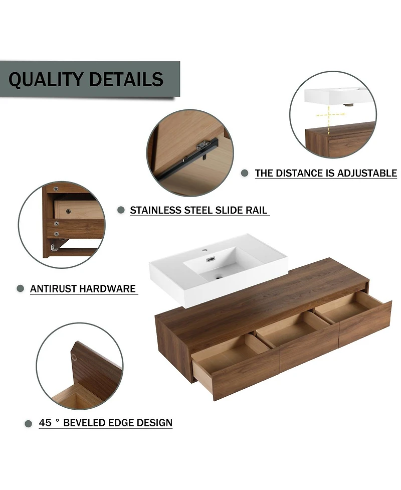 Sillysis Modern Floating Bathroom Vanity with Resin Sink, Three Drawers, Double Wall Mounted Side Cabinets for Ample Storage