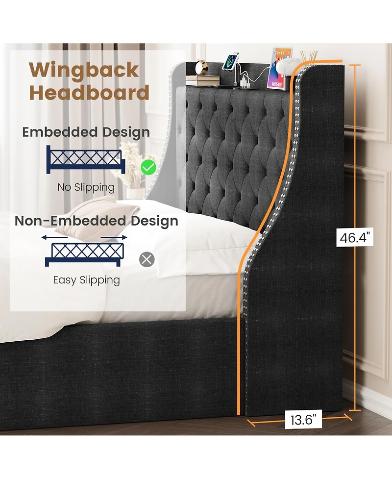 homfan 2 piece Upholstered Platform Bed Frame with Wingback Headboard, 4 Storage Drawers, Built-in Usb, Sturdy Wood Slats, Space-Saving