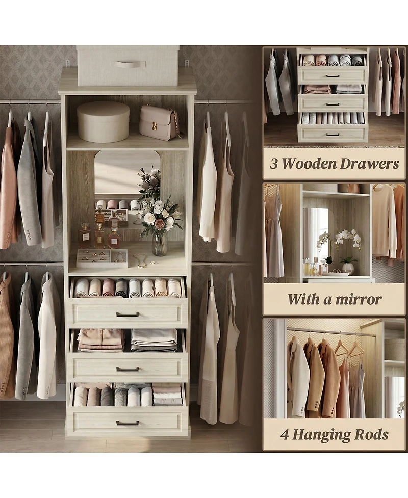 Aheaplus Wooden Closet Organizer with 4 Hanging Rods and 3 Drawers Mirror