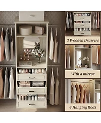 Aheaplus Wooden Closet Organizer with 4 Hanging Rods and 3 Drawers Mirror