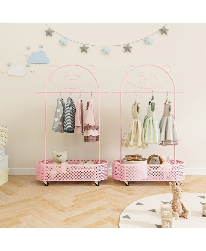 Gouun Kids Clothes Rack with 3 Adjustable Heights and Rolling Wheels Storage
