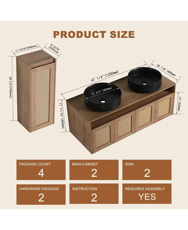 Sillysis 47 Inch Wall Mounted Double Bathroom Vanity Set, Modern Plywood Cabinet with Dual Vessel Sinks, Rotating Rattan Side Storage