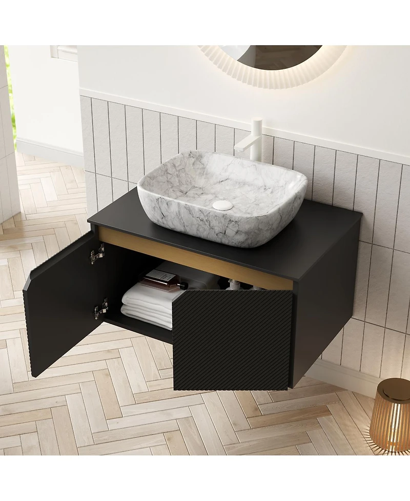 Sillysis Wall Mounted Bathroom Vanity with Sintered Stone Top, Volakas Marble Pattern Sink, Soft Close Doors