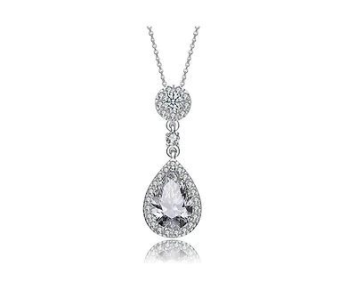 Genevive Modern White Gold Plated Cz Vintage Teardrop Pendant Necklace