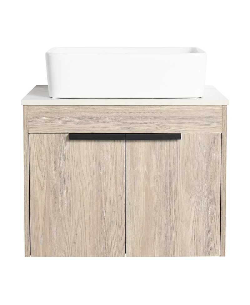 Sillysis Wall Mounted Bathroom Vanity with Ceramic Vessel Sink,Stone Top, Soft Close Doors, Modern Handle Design