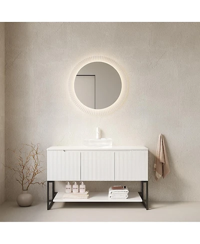 Sillysis 48 Inch Modern Bathroom Vanity with Glass Vessel Sink, Soft Close Doors, Sintered Stone Top, Large Open Shelf Storage