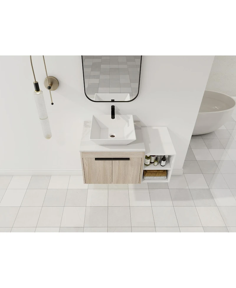 Sillysis Wall Mounted Bathroom Vanity with Ceramic Vessel Sink, Side Storage Shelf, Soft Close Doors