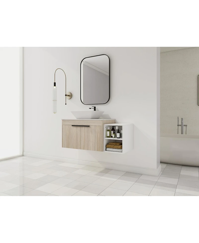 Sillysis Wall Mounted Bathroom Vanity with Ceramic Vessel Sink, Side Storage Shelf, Soft Close Doors