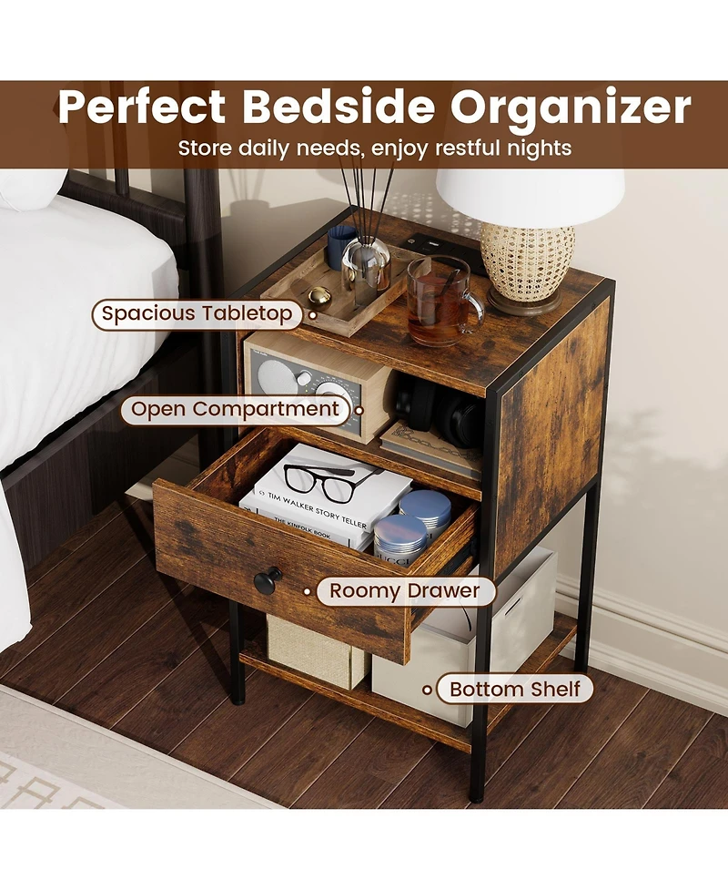Gymax Nightstand with Charging Station Bedside Table with Usb Ports and Outlets