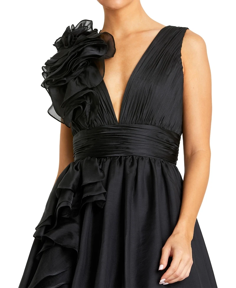 Mac Duggal Petite Ruffle Shoulder V-Neck A-Line Evening Gown