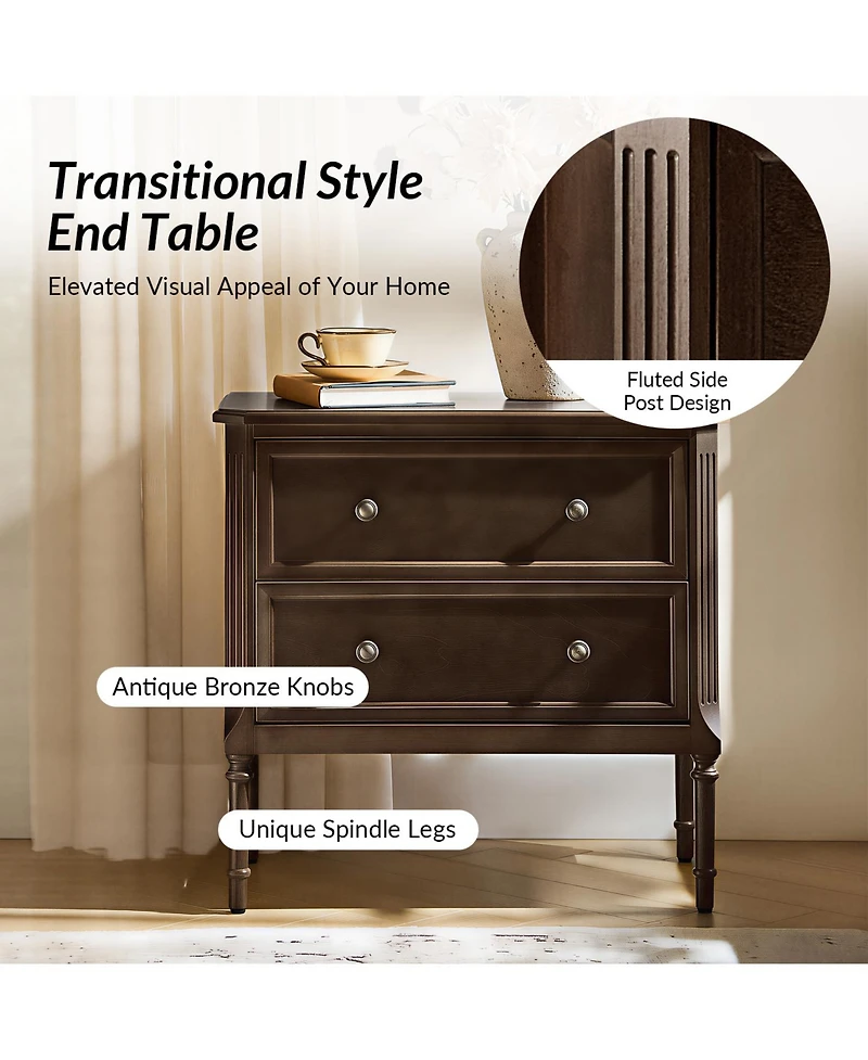 Hulala Home Irene Transitional 28''W 2 Drawer End Table with Charging Station