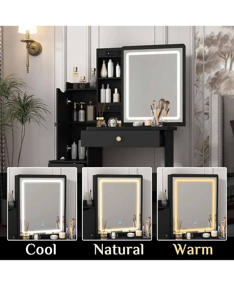 Homsee 52-Inch Vanity Desk with Matching Stool - Modern Makeup Table Led Light & Sliding Mirror | 2-in-1 Dresser Nightstand Combo