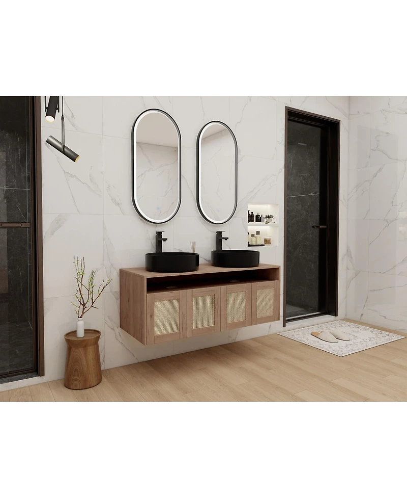 Sillysis Wall Mounted Double Bathroom Vanity, Modern Plywood Cabinet with Dual Vessel Ceramic Sinks, Open Storage Shelf