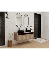 Sillysis Wall Mounted Double Bathroom Vanity, Modern Plywood Cabinet with Dual Vessel Ceramic Sinks, Open Storage Shelf