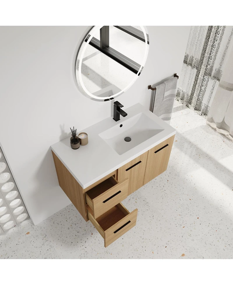 Sillysis 36 Inch Wall Mounted Bathroom Vanity with Drawers, Resin Sink, Soft Close Doors