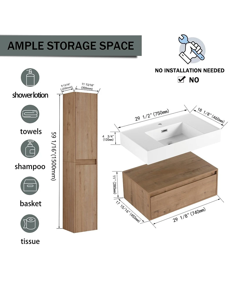Sillysis 29.5 Inch Wall Mounted Modern Bathroom Vanity with Resin Sink, Soft Close Drawer, Two Tall Side Cabinets for Ample Storage