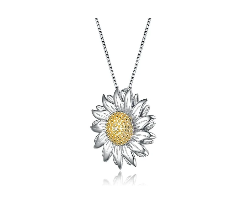 Genevive Unique Sterling Silver Two-Tone Sunflower Cz Pendant Necklace