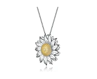 Genevive Unique Sterling Silver Two-Tone Sunflower Cz Pendant Necklace