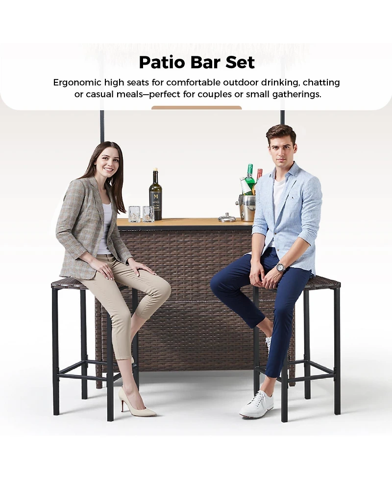 Pocassy 3-Piece Outdoor Tiki Bar Set with Palapa Top, Wicker Islander Tiki Bar and 2 Wicker Stools for Garden