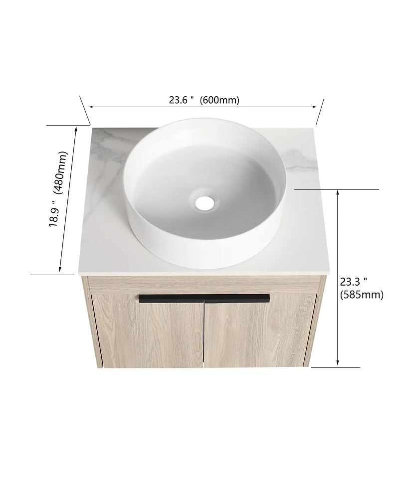 Sillysis Wall Mounted Bathroom Vanity with Ceramic Vessel Sink, Side Storage Shelf, Soft Close Doors