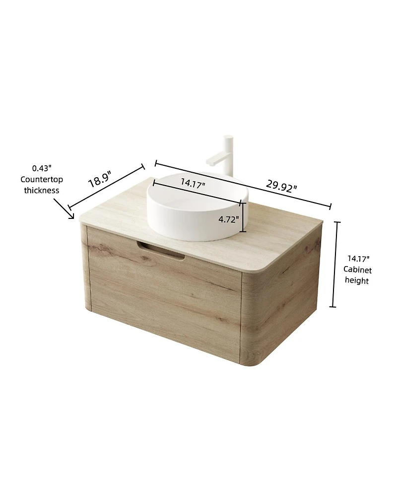 Sillysis Wall Mounted Bathroom Vanity with Ceramic Round Basin, Sintered Stone Top, Soft Close Drawer, Available in 24 30 36 Inch