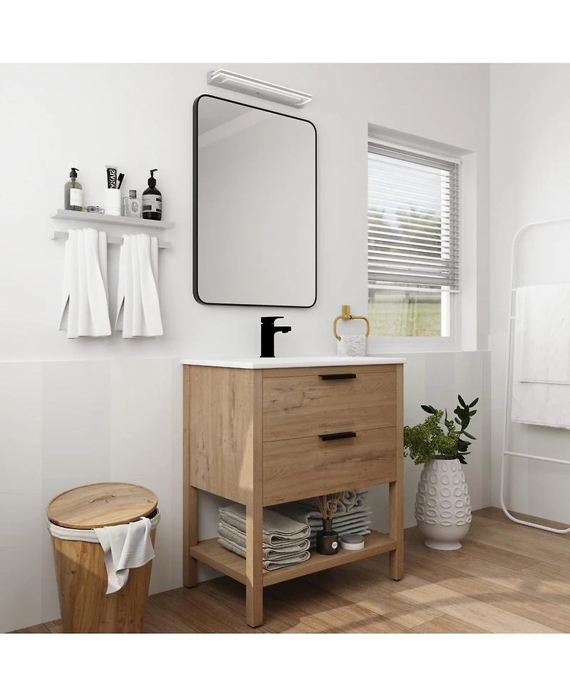 Sillysis Freestanding Bathroom Vanity with Ceramic Sink, Modern Soft Close Drawers, Open Storage Shelf, Plywood Base