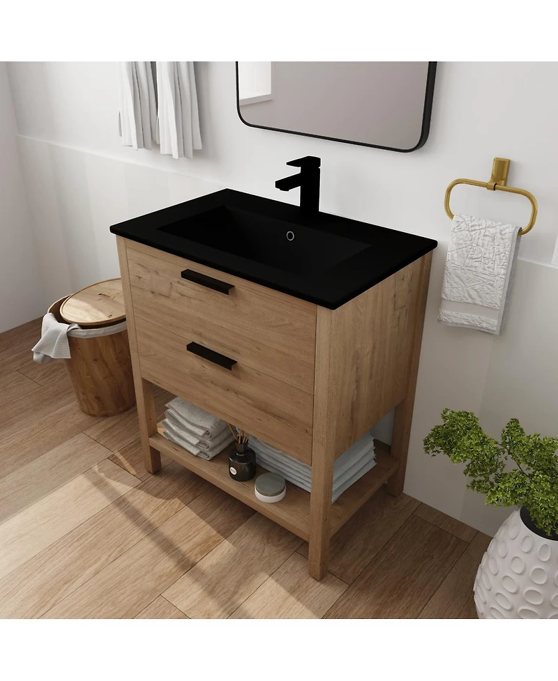 Sillysis Freestanding Bathroom Vanity with Ceramic Sink, Modern Soft Close Drawers, Open Storage Shelf, Plywood Base