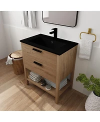 Sillysis Freestanding Bathroom Vanity with Ceramic Sink, Modern Soft Close Drawers, Open Storage Shelf, Plywood Base
