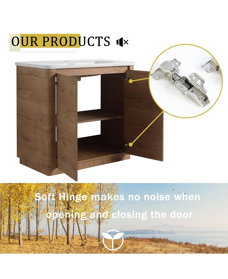 Sillysis Freestanding Bathroom Vanity with Ceramic Sink, Modern Plywood Cabinet, Soft Close Doors