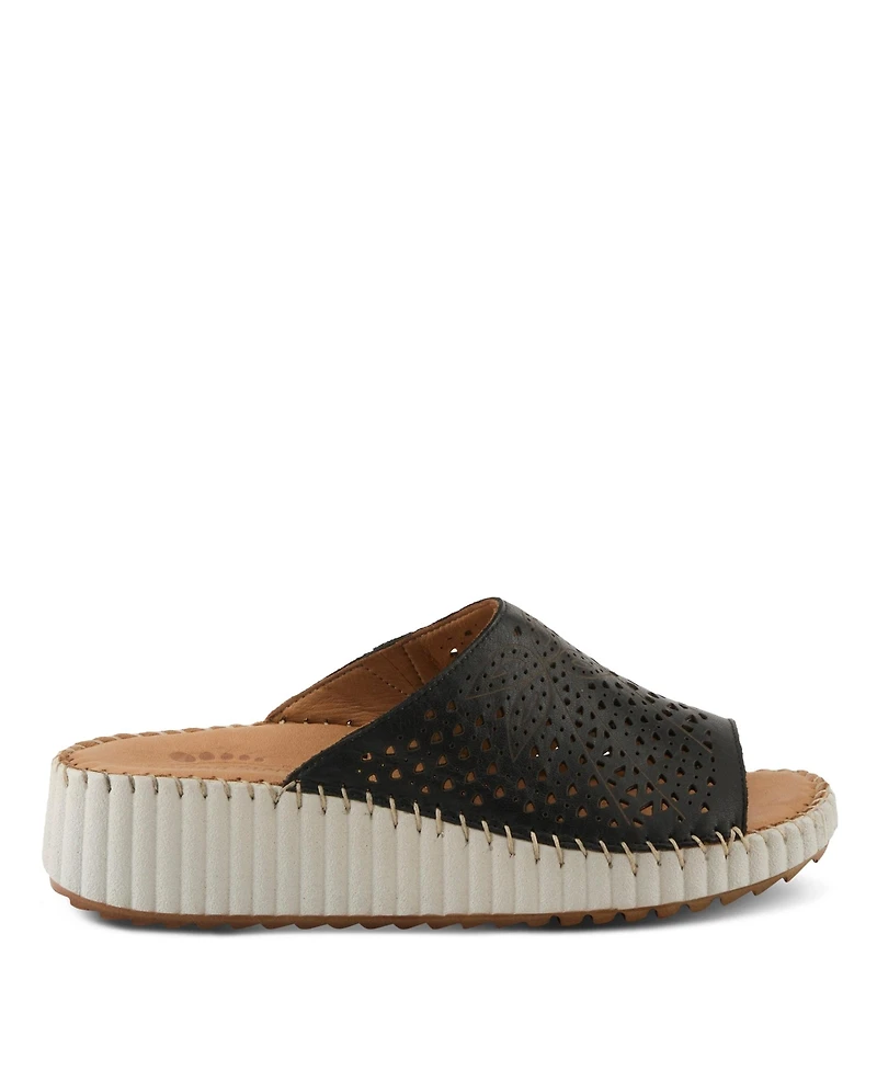 Spring Step Women's Rhydian Slip-On Leather Wedge Sandals - Perforated Flower Design, Cushioned Footbed