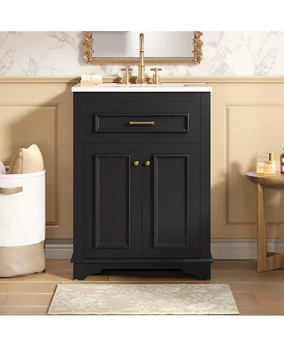 Thirtypeachy 24" Modern Bathroom Vanity With Ceramic Sink, 2 Doors Tip-Out Drawer, Soft-Close Hinges 4" Faucet Fit