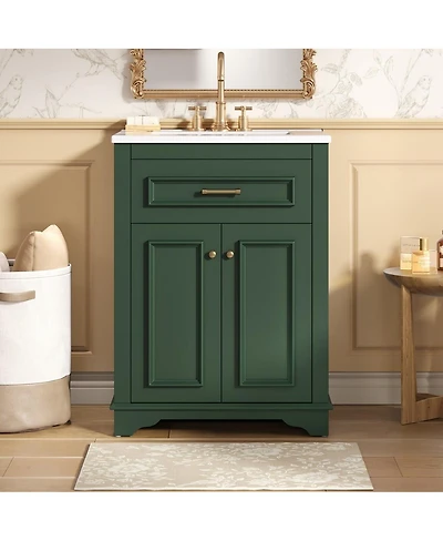 Thirtypeachy 24" Modern Bathroom Vanity With Ceramic Sink, 2 Doors Tip-Out Drawer, Soft-Close Hinges 4" Faucet Fit