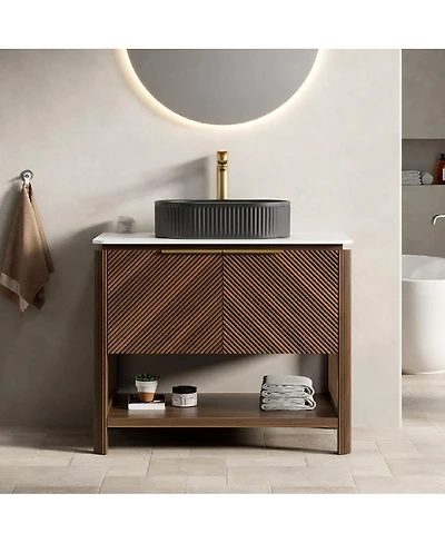 Sillysis Modern Bathroom Vanity with Vessel Sink, Sintered Stone Countertop, Soft Close Solid Wood 3D Doors