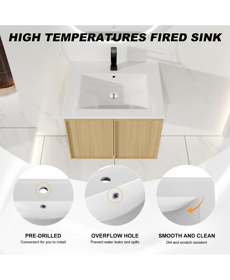 Sillysis Modern Wall Mounted Bathroom Vanity with Ceramic Sink, Soft Close Doors