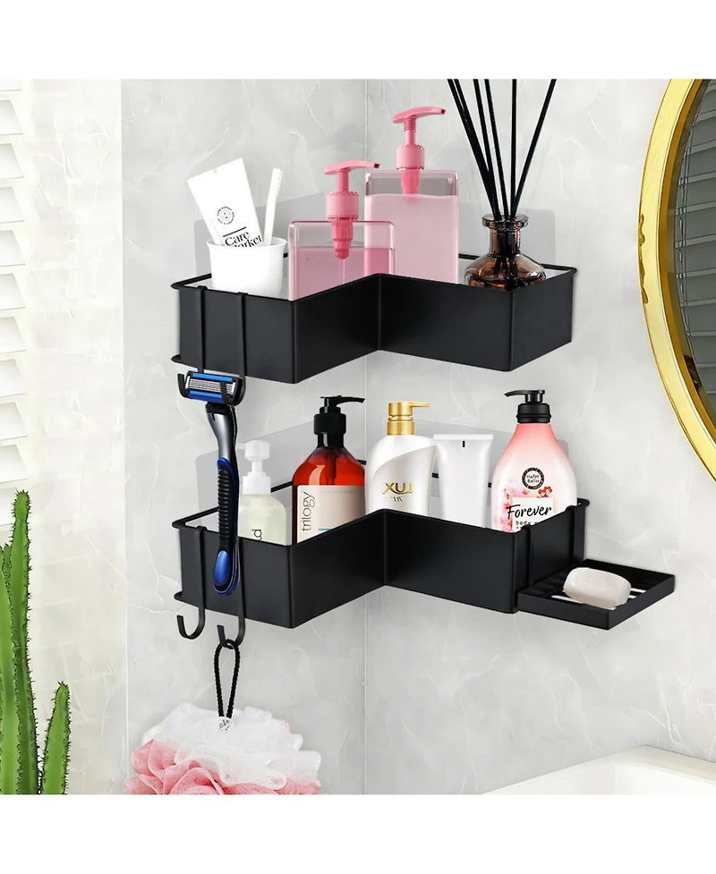 Midola 2-Pack Drill-Free Adhesive Corner Shower Caddy Organizer with Soap Holder and 4 Hooks for Bathroom
