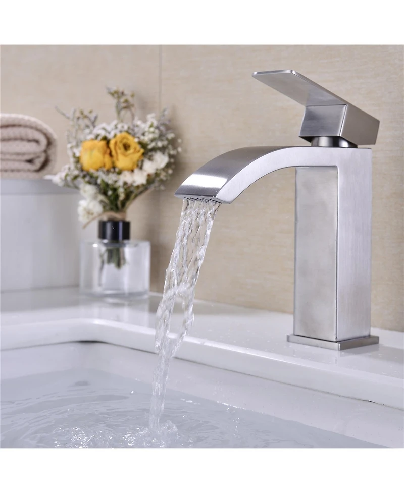 Phying Waterfall Spout Bathroom Sink Single Handle Faucet with Pop-Up Drain