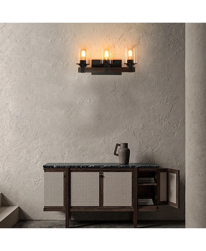 Midola 19" Rustic 3-Light Vanity Light, Industrial Bathroom Wall Sconce with Glass Shades and Wood Accent, Modern Farmhouse Lighting Fixture