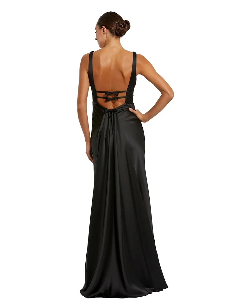 Mac Duggal Women's Sleeveless V Neck Satin Gown With Bow Details