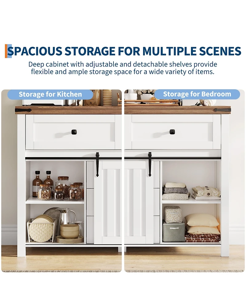 homfan Barn Door Storage Cabinet with 5 Drawers, Farmhouse Accent Cabinet with Shelves for Living Room Entryway Dining Room